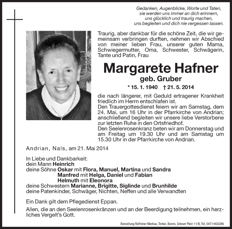  Traueranzeige für Margarete Hafner vom 22.05.2014 aus Dolomiten