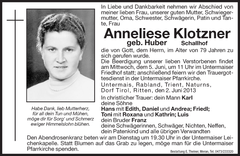  Traueranzeige für Anneliese Klotzner vom 04.06.2013 aus Dolomiten