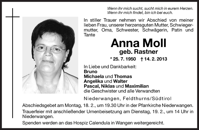  Traueranzeige für Anna Moll vom 16.02.2013 aus Dolomiten