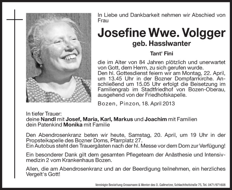  Traueranzeige für Josefine Volgger vom 20.04.2013 aus Dolomiten