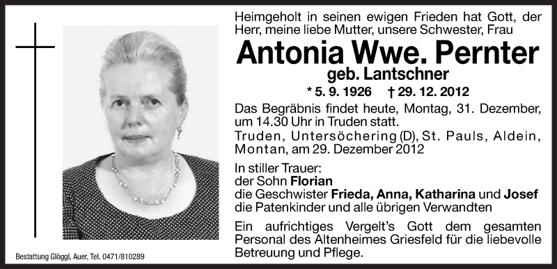  Traueranzeige für Antonia Pernter vom 31.12.2012 aus Dolomiten