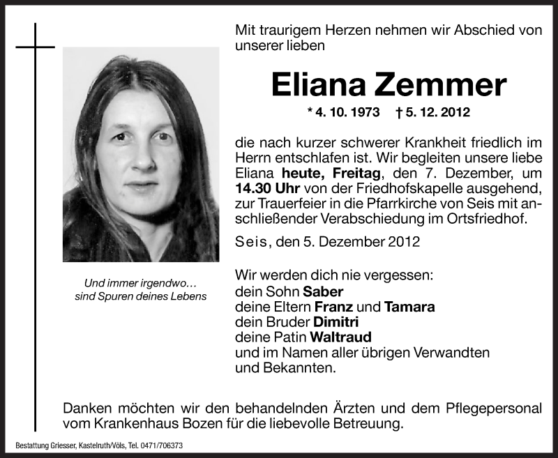  Traueranzeige für Eliana Zemmer vom 07.12.2012 aus Dolomiten