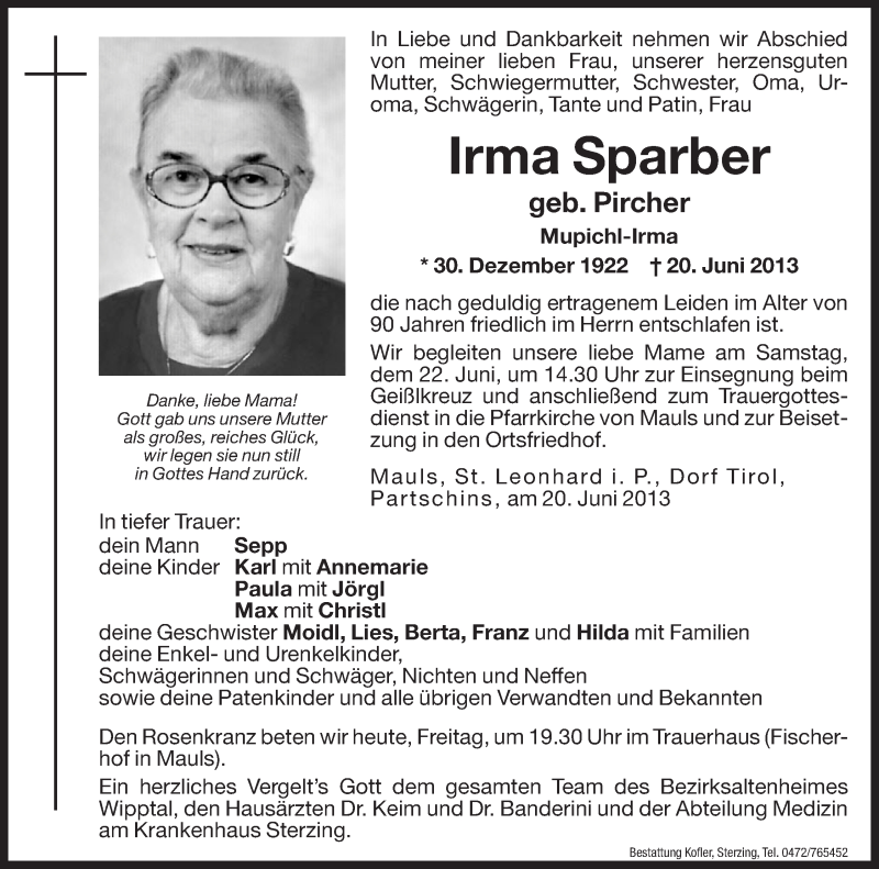  Traueranzeige für Irma Sparber vom 21.06.2013 aus Dolomiten