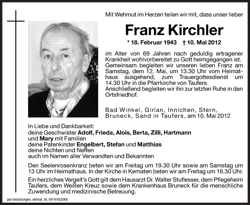  Traueranzeige für Franz Kirchler vom 11.05.2012 aus Dolomiten