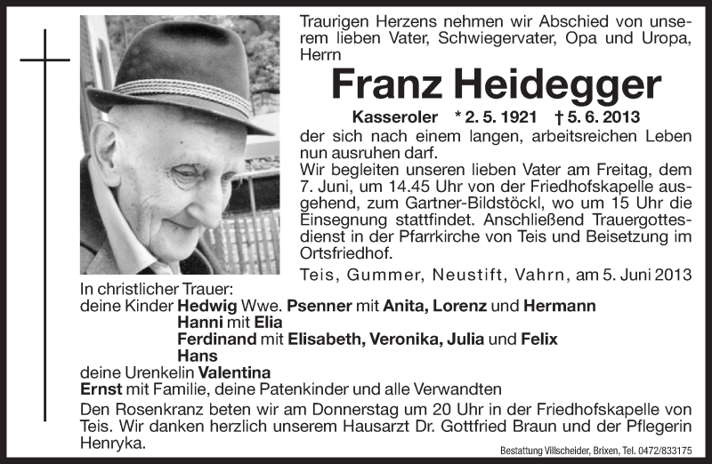  Traueranzeige für Franz Heidegger vom 06.06.2013 aus Dolomiten