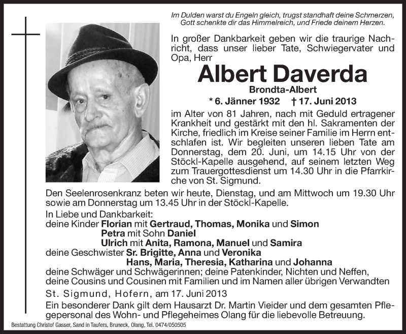  Traueranzeige für Albert Daverda vom 18.06.2013 aus Dolomiten