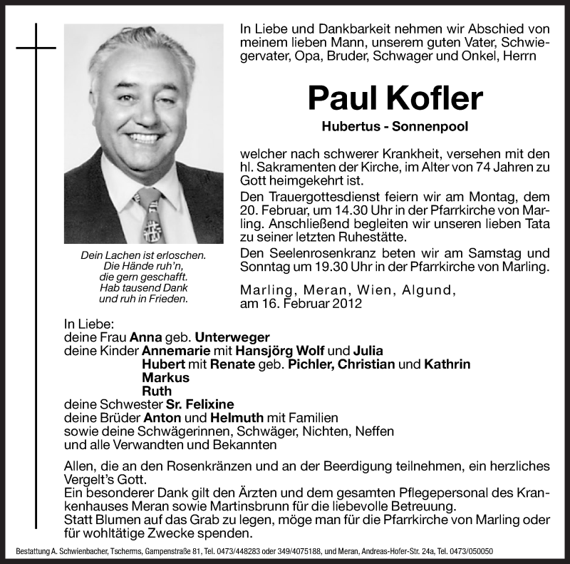  Traueranzeige für Paul Kofler vom 17.02.2012 aus Dolomiten