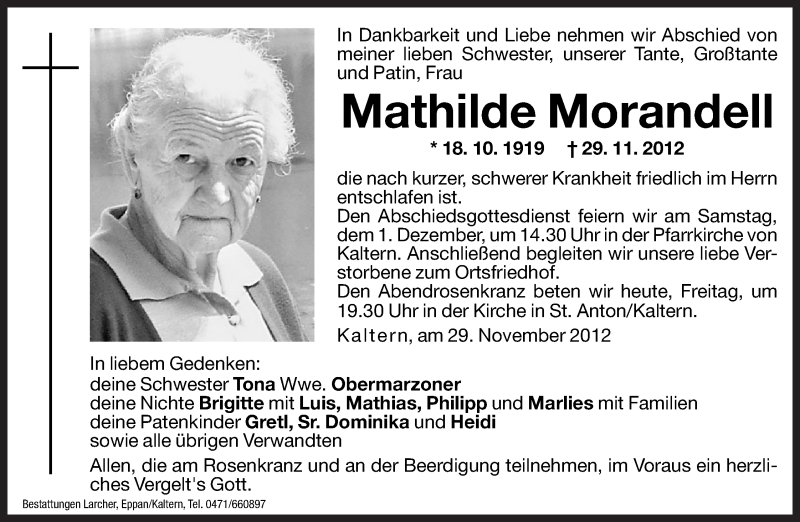  Traueranzeige für Mathilde Morandell vom 30.11.2012 aus Dolomiten