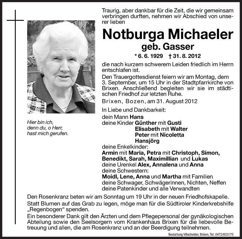  Traueranzeige für Notburga Michaeler vom 01.09.2012 aus Dolomiten