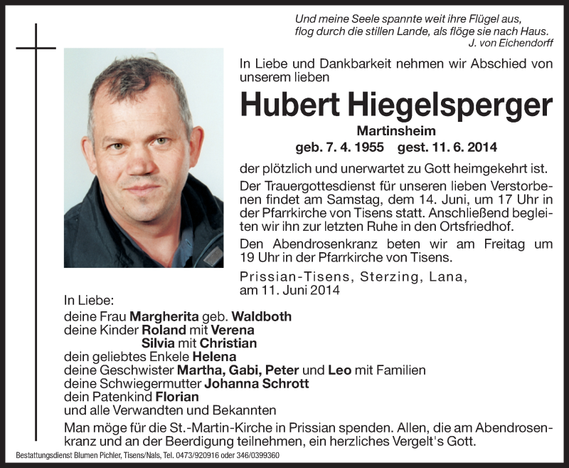  Traueranzeige für Hubert Hiegelsperger vom 13.06.2014 aus Dolomiten