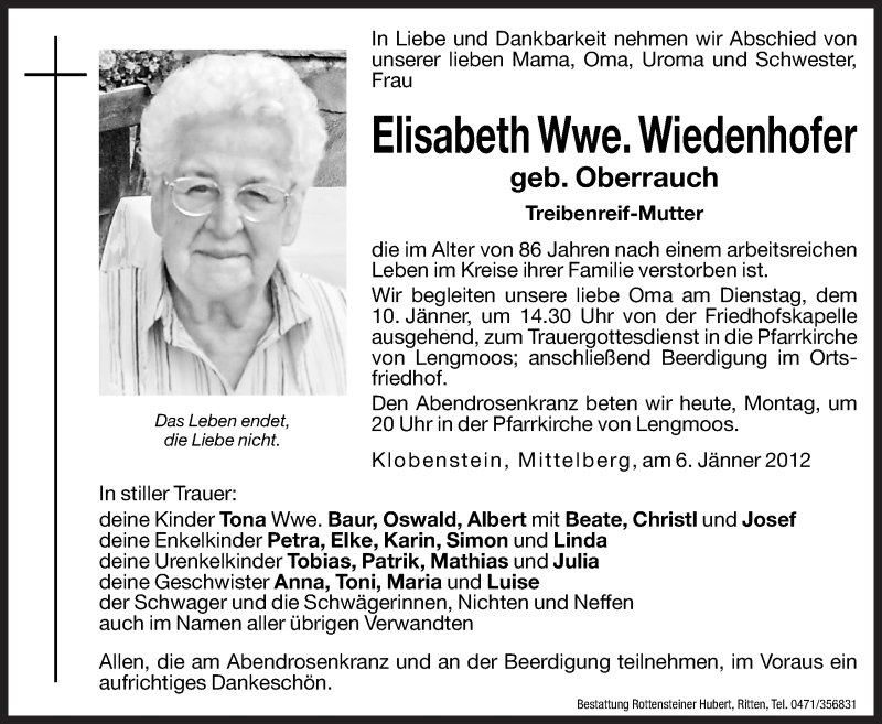  Traueranzeige für Elisabeth Wiedenhofer vom 09.01.2012 aus Dolomiten