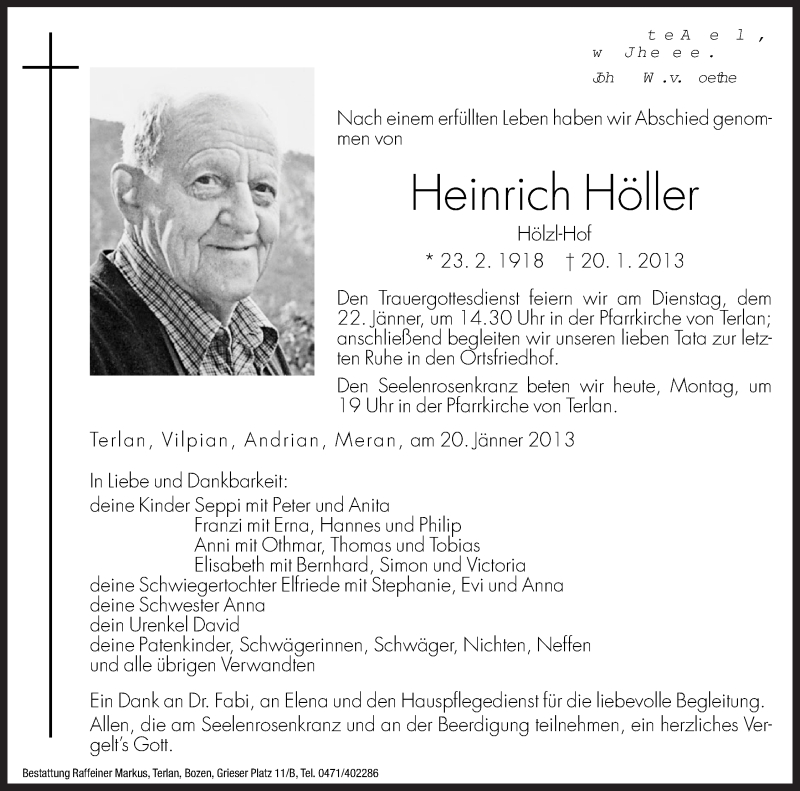  Traueranzeige für Heinrich Höller vom 21.01.2013 aus Dolomiten