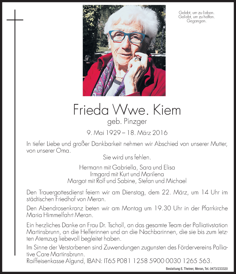  Traueranzeige für Frieda Kiem vom 21.03.2016 aus Dolomiten