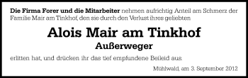 Traueranzeige von Alois Mair am Tinkhof von Dolomiten
