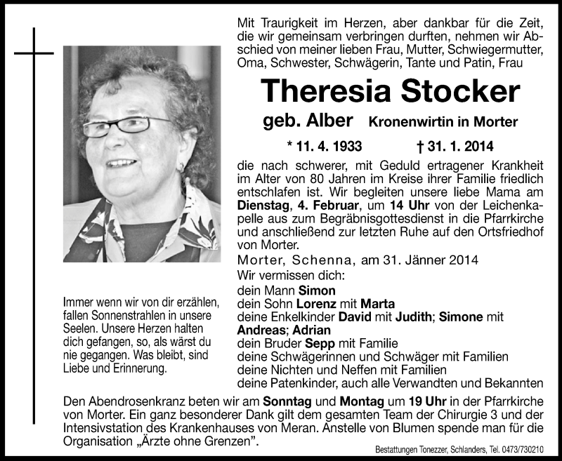  Traueranzeige für Theresia Stocker vom 01.02.2014 aus Dolomiten