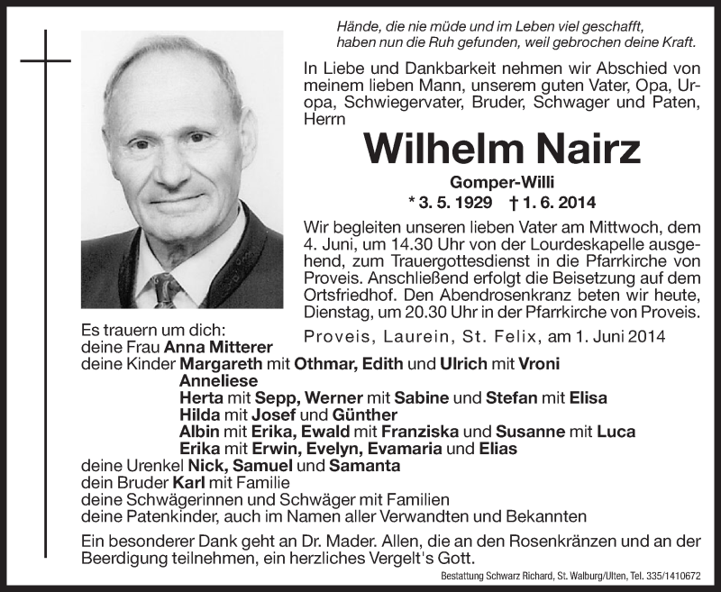  Traueranzeige für Wilhelm Nairz vom 03.06.2014 aus Dolomiten