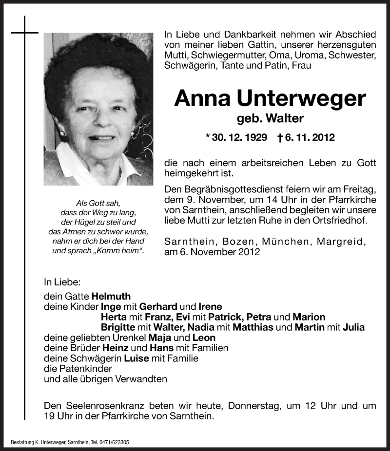  Traueranzeige für Anna Unterweger vom 08.11.2012 aus Dolomiten