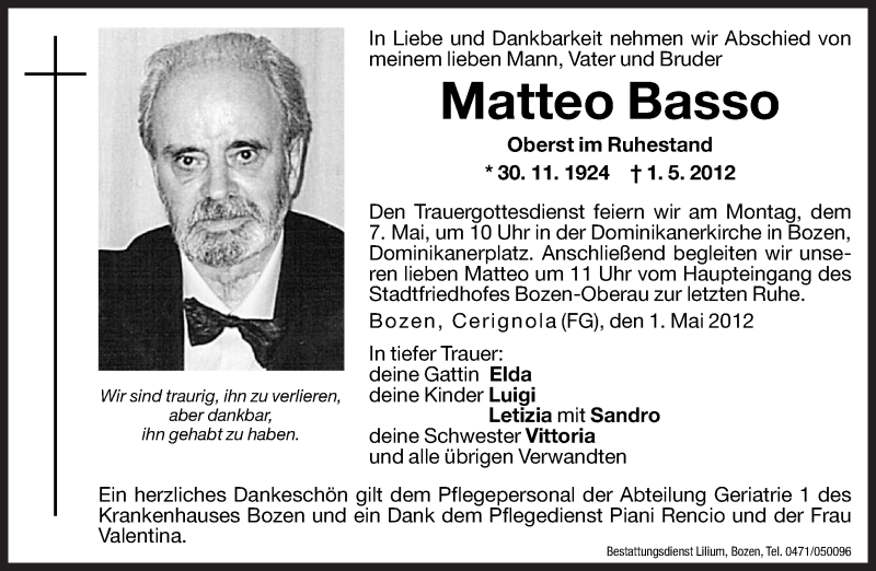  Traueranzeige für Matteo Basso vom 05.05.2012 aus Dolomiten