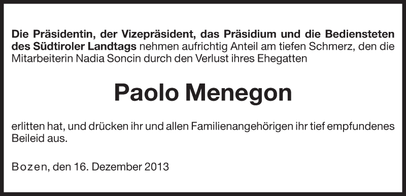  Traueranzeige für Paolo Menegon vom 17.12.2013 aus Dolomiten