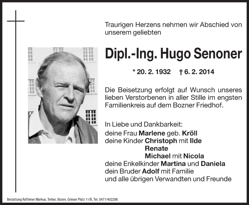  Traueranzeige für Hugo Senoner vom 13.02.2014 aus Dolomiten