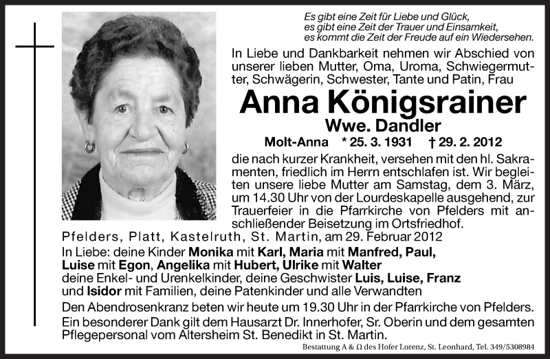  Traueranzeige für Anna Königsrainer vom 02.03.2012 aus Dolomiten