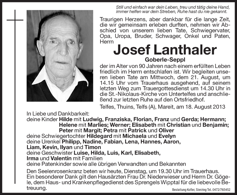  Traueranzeige für Josef Lanthaler vom 20.08.2013 aus Dolomiten