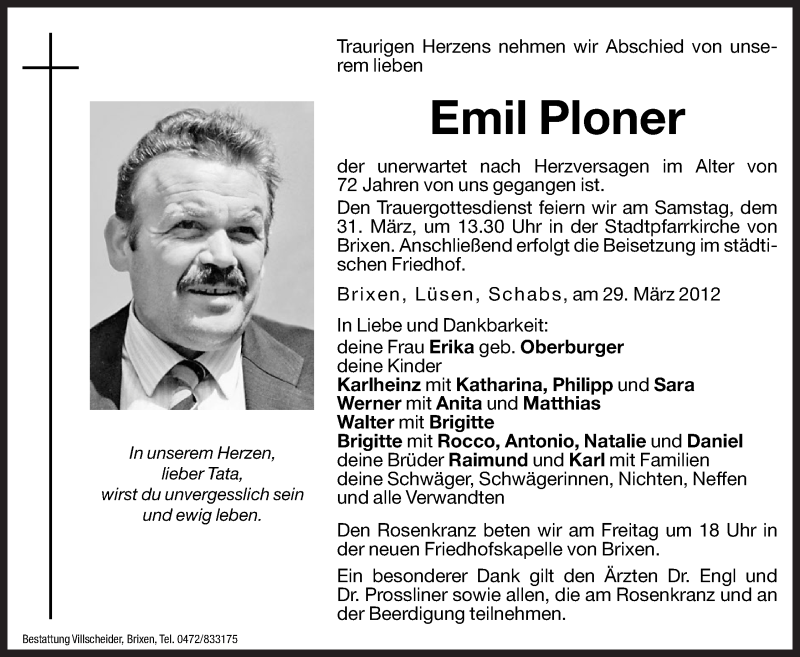  Traueranzeige für Emil Ploner vom 30.03.2012 aus Dolomiten