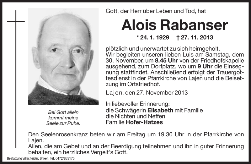  Traueranzeige für Alois Rabanser vom 29.11.2013 aus Dolomiten