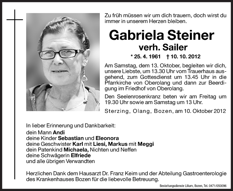  Traueranzeige für Gabriela Sailer vom 12.10.2012 aus Dolomiten