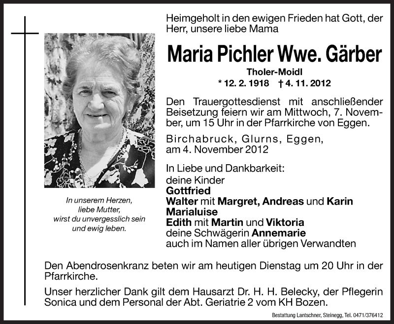  Traueranzeige für Maria Gärber vom 06.11.2012 aus Dolomiten