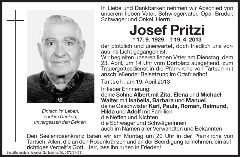  Traueranzeige für Josef Pritzi vom 22.04.2013 aus Dolomiten