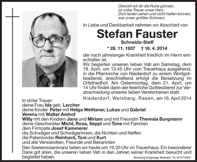  Traueranzeige für Stefan Fauster vom 18.04.2014 aus Dolomiten