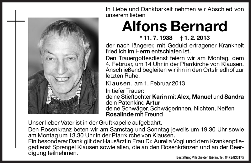  Traueranzeige für Alfons Bernard vom 02.02.2013 aus Dolomiten