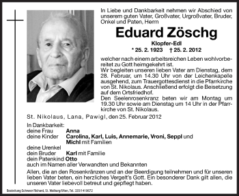 Traueranzeige von Eduard Zöschg von Dolomiten