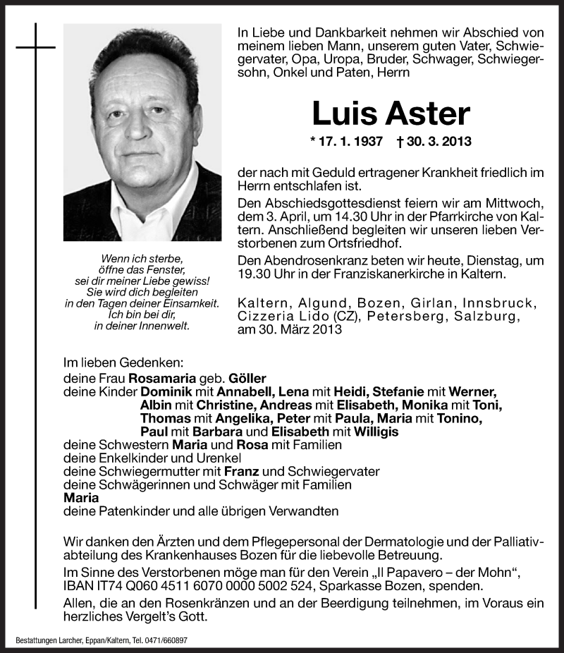  Traueranzeige für Luis Aster vom 02.04.2013 aus Dolomiten