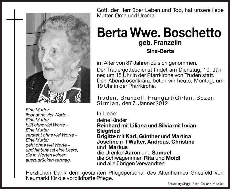  Traueranzeige für Berta Boschetto vom 09.01.2012 aus Dolomiten