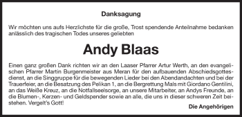 Traueranzeige von Andy Blaas von Dolomiten