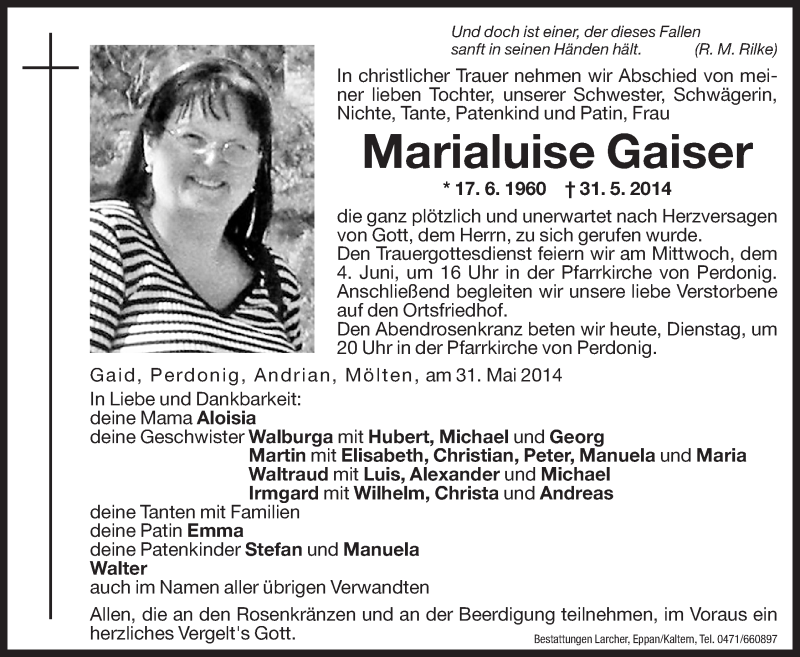  Traueranzeige für Marialuise Gaiser vom 03.06.2014 aus Dolomiten