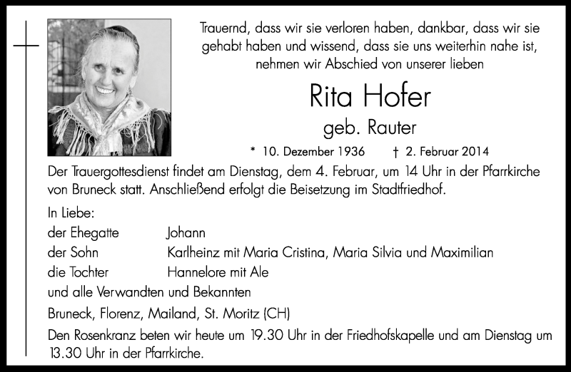  Traueranzeige für Rita Hofer vom 03.02.2014 aus Dolomiten