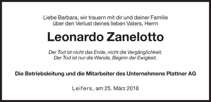  Traueranzeige für Leonardo Zanelotto vom 31.03.2016 aus Dolomiten