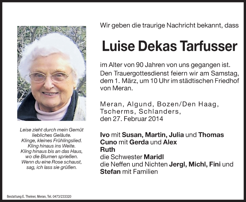  Traueranzeige für Luise Dekas Tarfusser vom 01.03.2014 aus Dolomiten