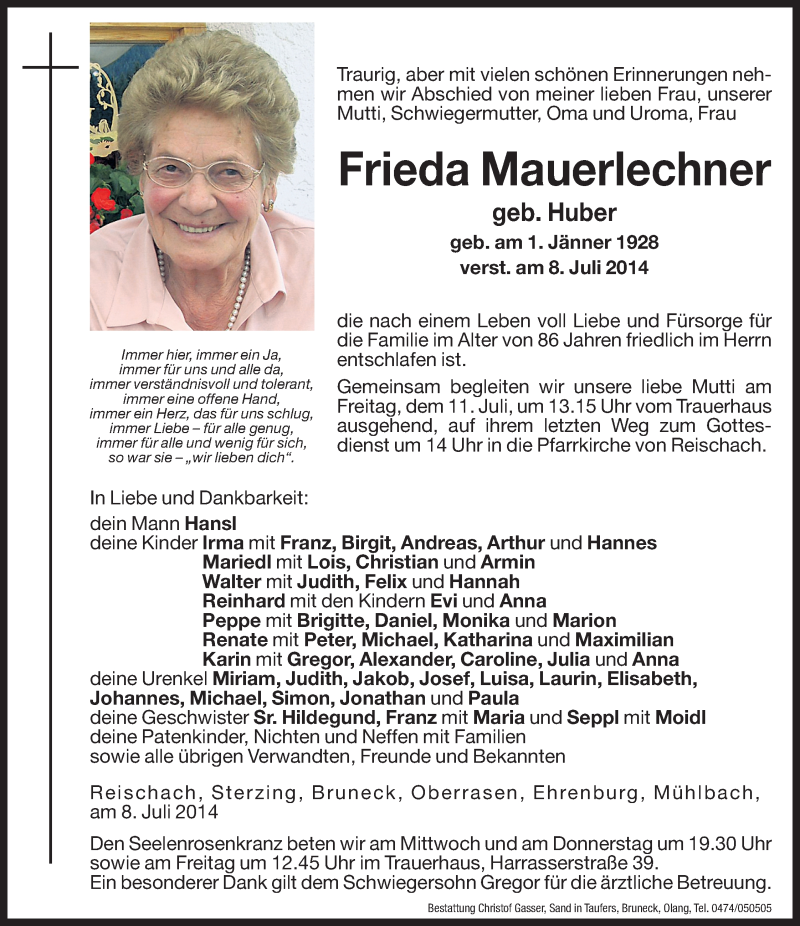  Traueranzeige für Frieda Mauerlechner vom 09.07.2014 aus Dolomiten