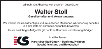 Traueranzeige von Walter Stoll von Dolomiten