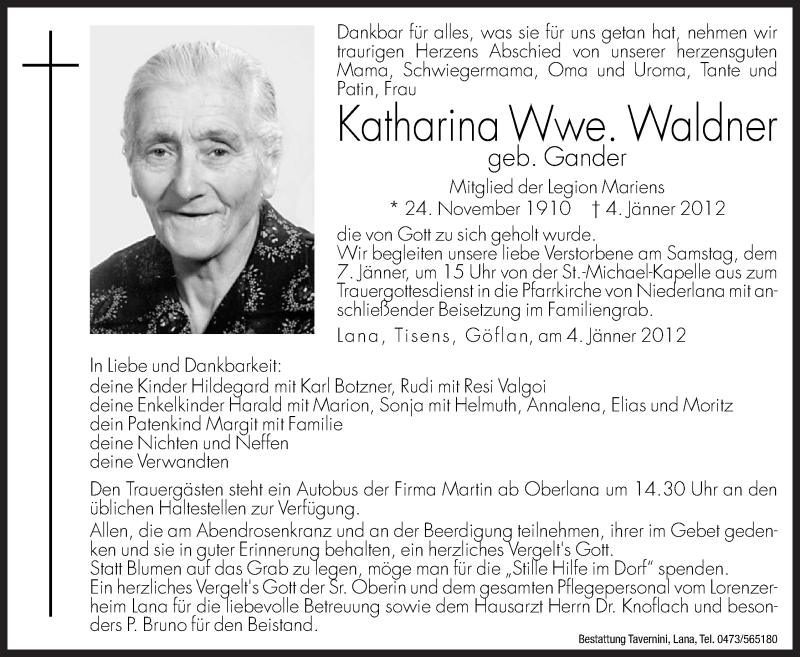  Traueranzeige für Katharina Waldner vom 07.01.2012 aus Dolomiten