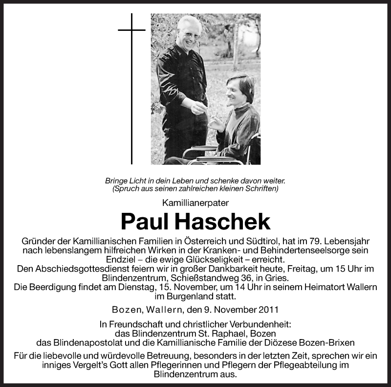  Traueranzeige für Paul Haschek vom 11.11.2011 aus Dolomiten