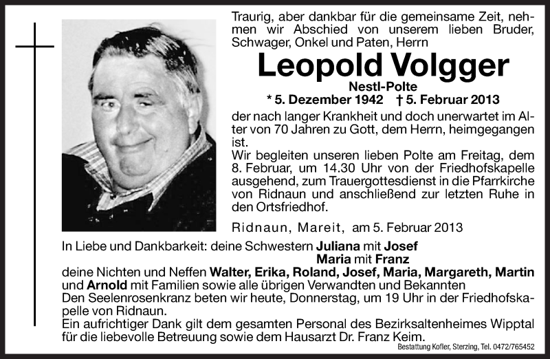  Traueranzeige für Leopold Volgger vom 07.02.2013 aus Dolomiten