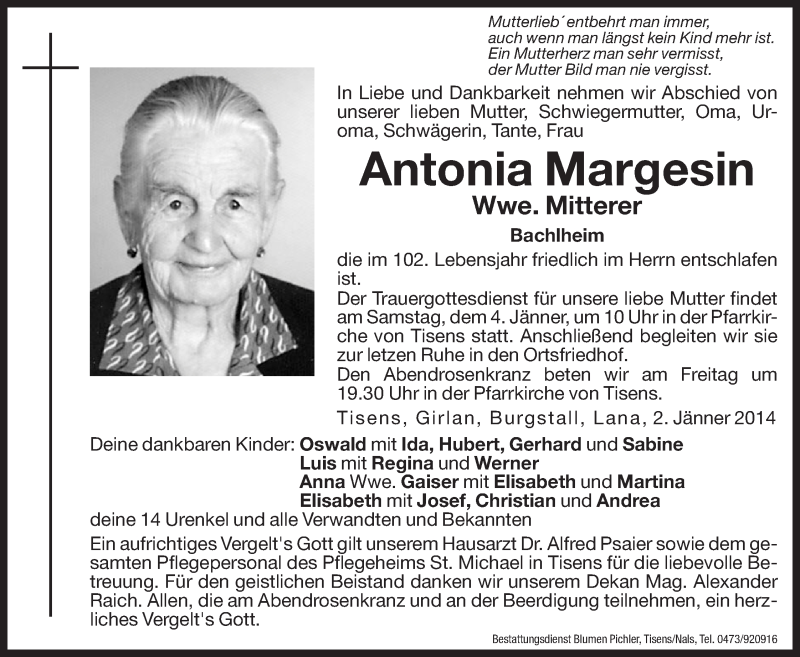  Traueranzeige für Antonia Mitterer vom 03.01.2014 aus Dolomiten