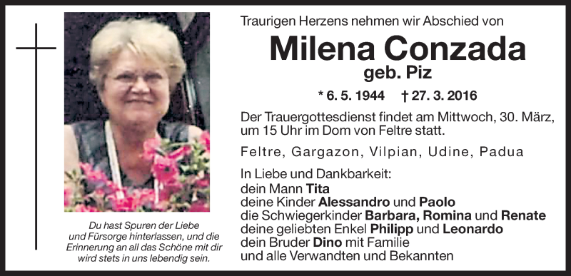  Traueranzeige für Milena Conzada vom 29.03.2016 aus Dolomiten