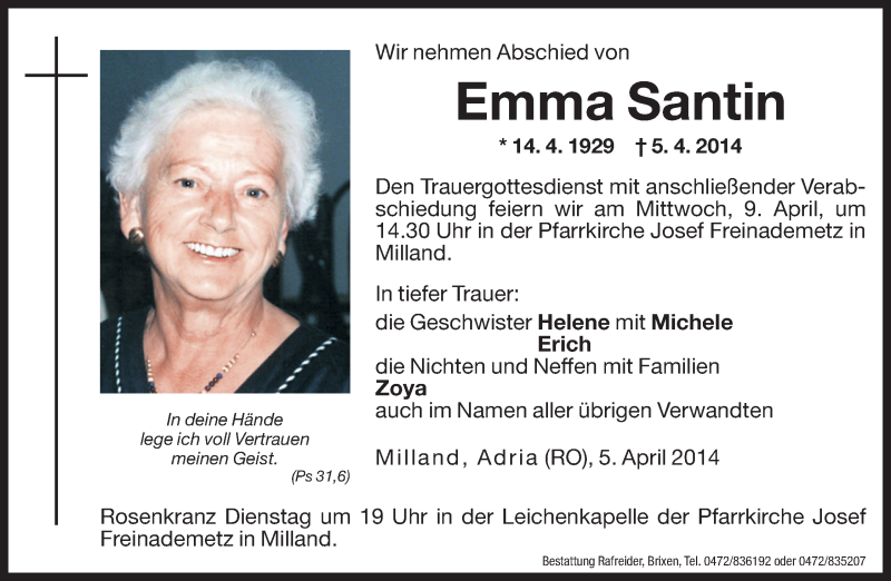  Traueranzeige für Emma Santin vom 08.04.2014 aus Dolomiten