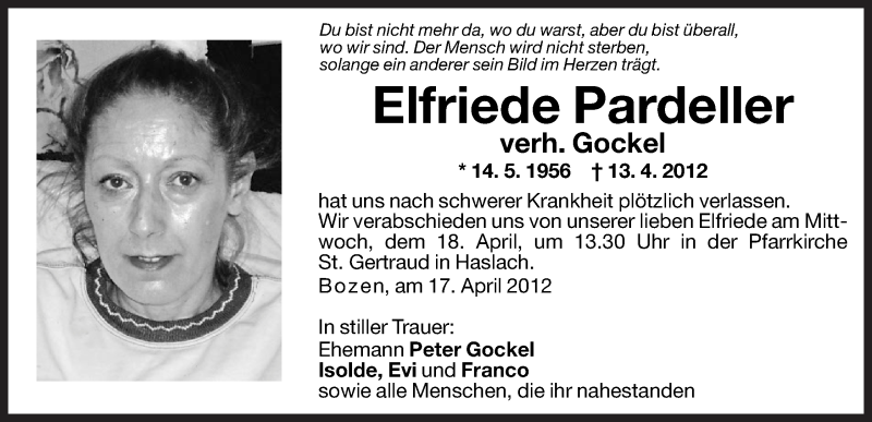  Traueranzeige für Elfriede Gockel vom 17.04.2012 aus Dolomiten